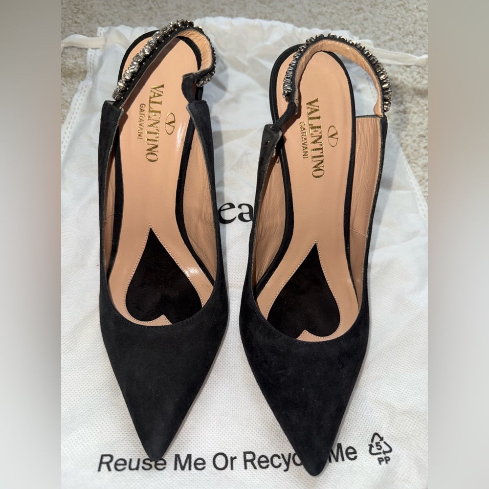 Valentino Suede Crystal Embellishments Slingback Pumps - Picture 7 of 9